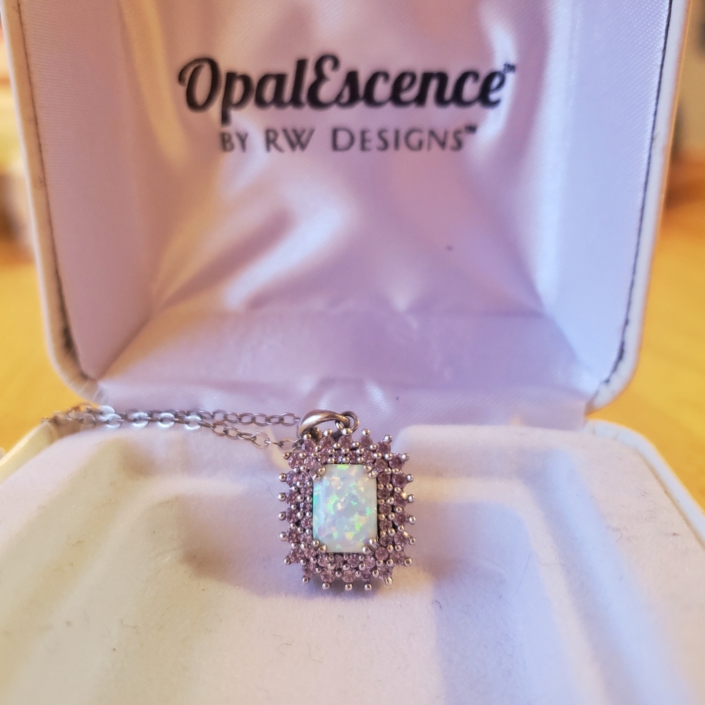 Lab Opal and purple CZ sterling silver necklace